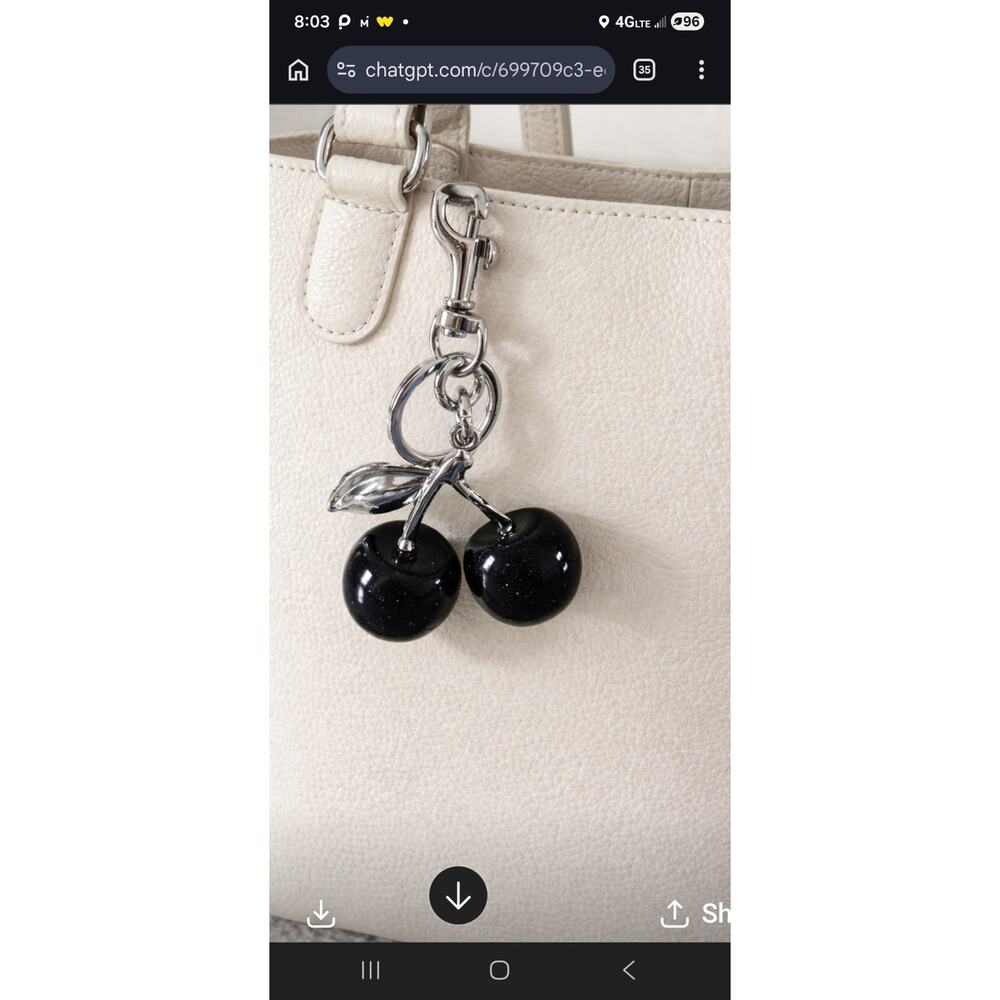 Silver Black Cherry Bag Charm Key Chain New - Picture 2 of 2